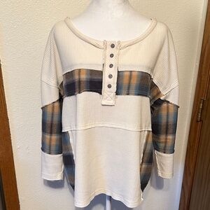 NWOT POL Cream and Blue Plaid Button-Down Top
